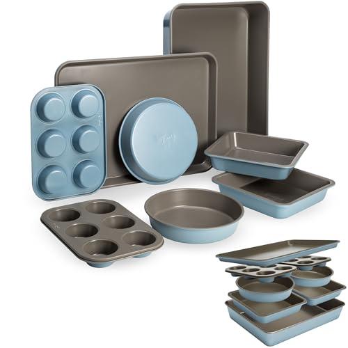 Goodful All-In-One Nonstick Bakeware Set, Stackable and Space Saving Design includes Round and Square Pans, Muffin Pans, Cookie Sheet and Roaster, Dishwasher Safe, 8-Piece, Blue Mist