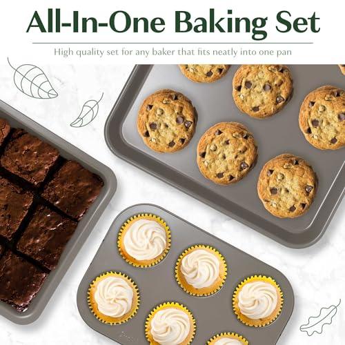 Goodful All-In-One Nonstick Bakeware Set, Stackable and Space Saving Design includes Round and Square Pans, Muffin Pans, Cookie Sheet and Roaster, Dishwasher Safe, 8-Piece, Blue Mist