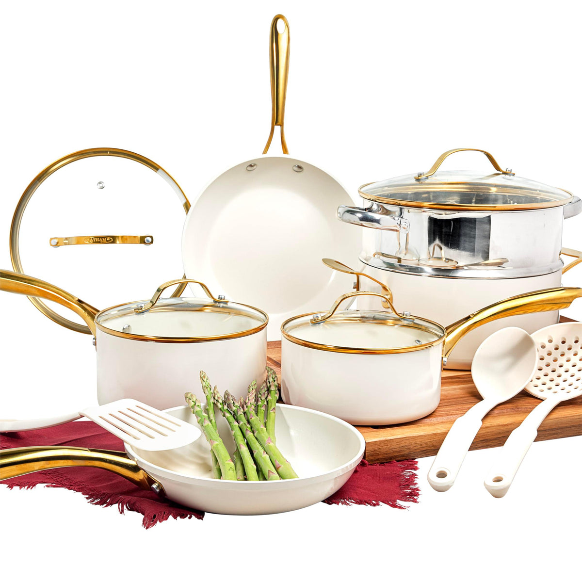 Gotham Steel 15 Pc Pots and Pans Set Non Stick Cookware Set, Pot and Pan Set, Kitchen Cookware Sets, Ceramic Cookware Set, Nonstick Cookware Set, Pot Set, Dishwasher Safe, Non Toxic, Cream White