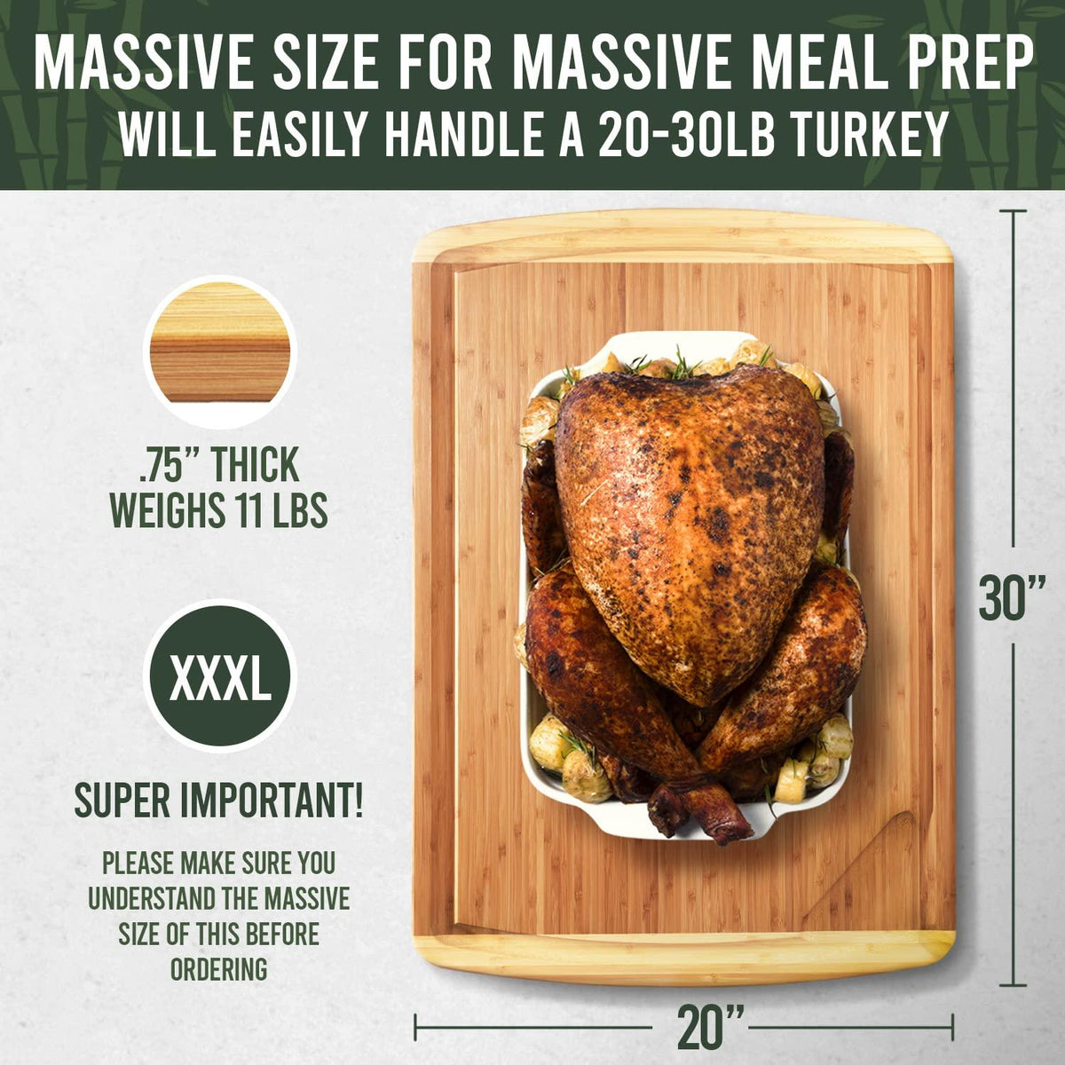 GREENER CHEF 30 Inch 3XL Extra Large Cutting Board with Lifetime Replacements - Oversized Bamboo Stove Top Cover Noodle Board - Wooden Meat Cutting Board - Turkey Carving Board - Charcuterie Board
