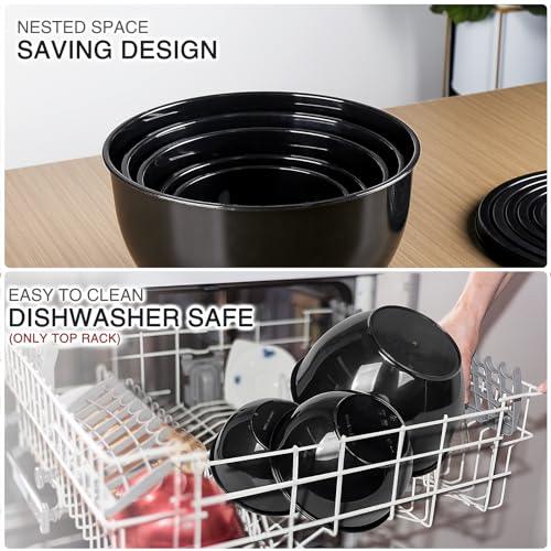 Greentainer 5-Piece Plastic Mixing Bowl Set with Lids for Kitchen, Nesting Storage Bowls for Baking, Prepping,Cooking and Serving Food, Dishwasher, Microwave Safe,Great for Mixing & Serving (Black)