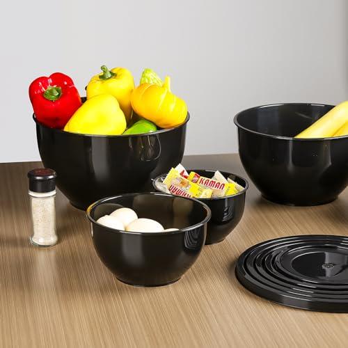 Greentainer 5-Piece Plastic Mixing Bowl Set with Lids for Kitchen, Nesting Storage Bowls for Baking, Prepping,Cooking and Serving Food, Dishwasher, Microwave Safe,Great for Mixing & Serving (Black)