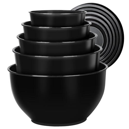 Greentainer 5-Piece Plastic Mixing Bowl Set with Lids for Kitchen, Nesting Storage Bowls for Baking, Prepping,Cooking and Serving Food, Dishwasher, Microwave Safe,Great for Mixing & Serving (Black)