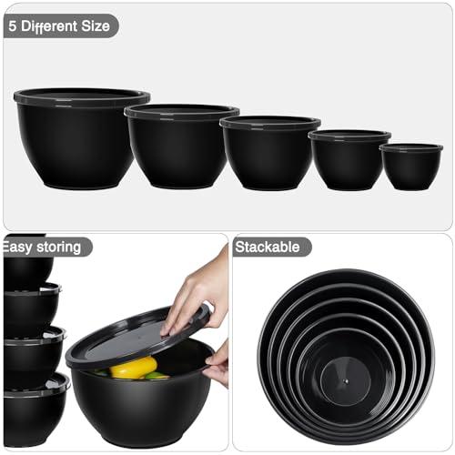 Greentainer 5-Piece Plastic Mixing Bowl Set with Lids for Kitchen, Nesting Storage Bowls for Baking, Prepping,Cooking and Serving Food, Dishwasher, Microwave Safe,Great for Mixing & Serving (Black)