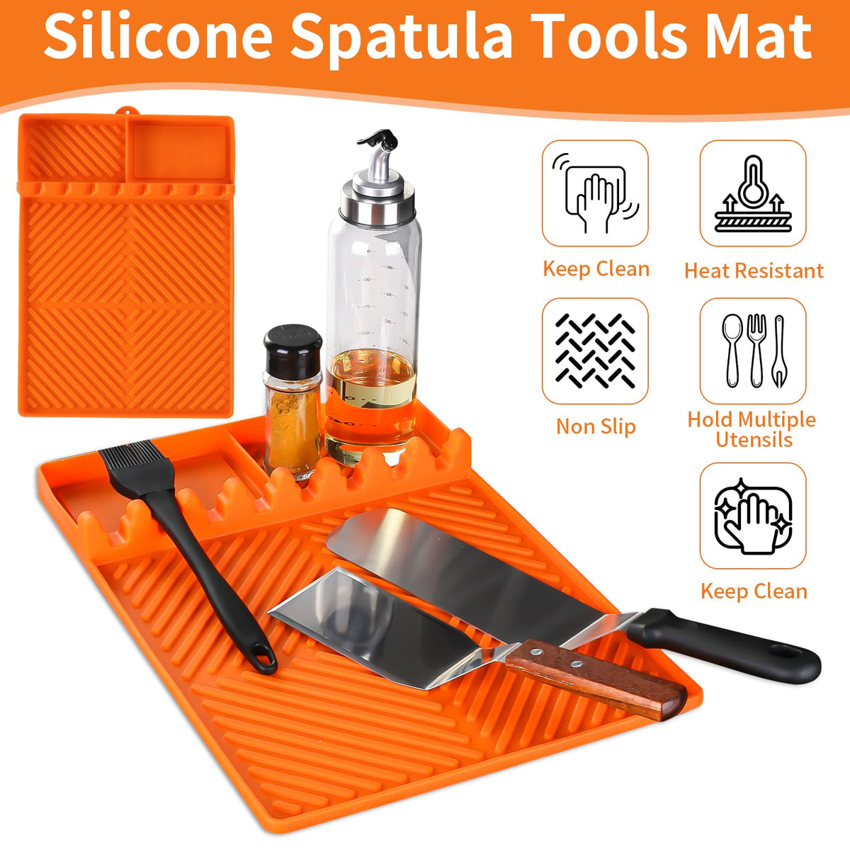 Griddle Mat Barbeque Grill Accessories Tools for Blackstone, Side Shelf Mat Grill Pad for Outdoor Grill Kitchen Counter Spatula Silicone Mat with Drip Pad for Kitchen, Cooking, Countertop (Orange)