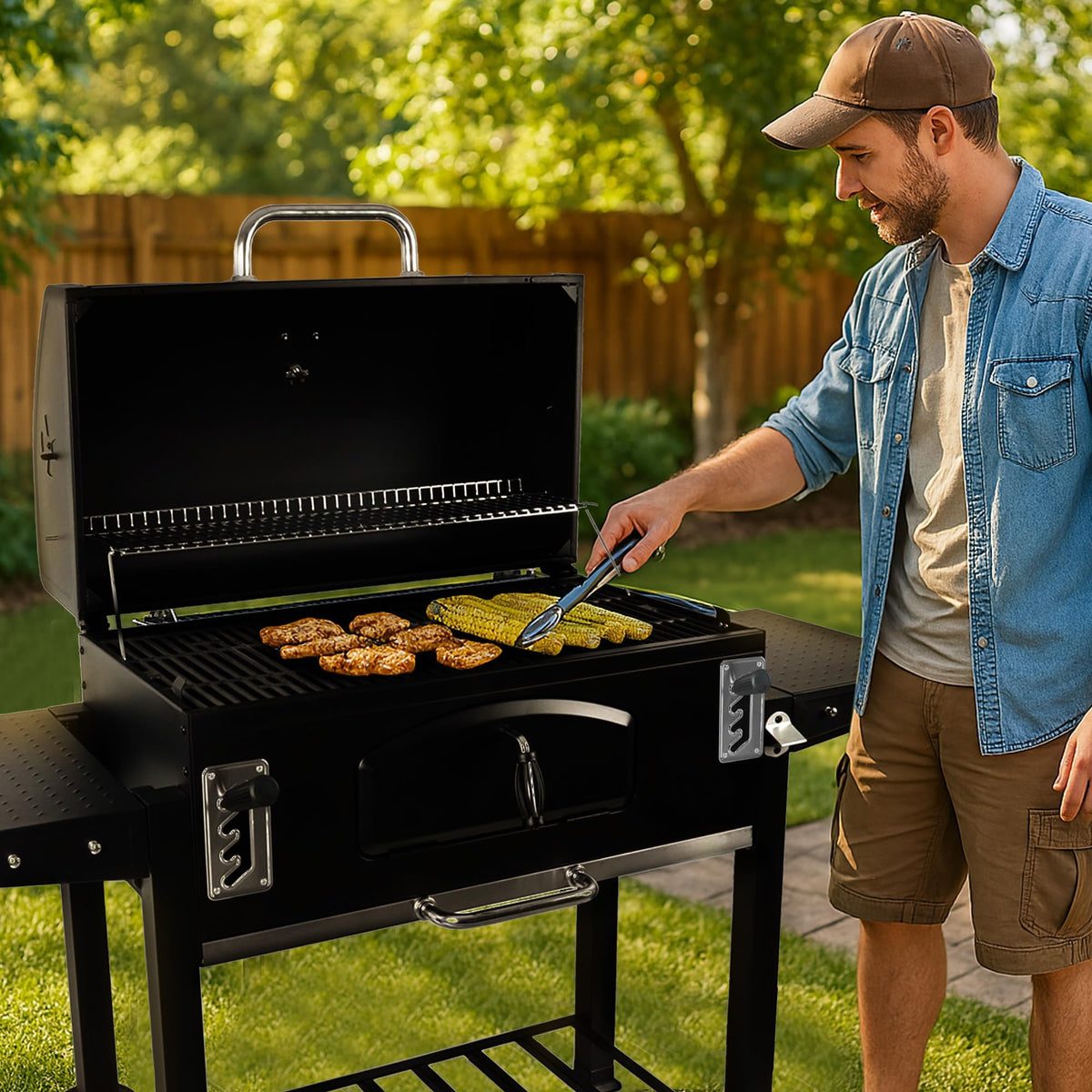 Grill Boss 32 Inch Charcoal BBQ Grill with Side Shelves, Built-In Thermometer, Black