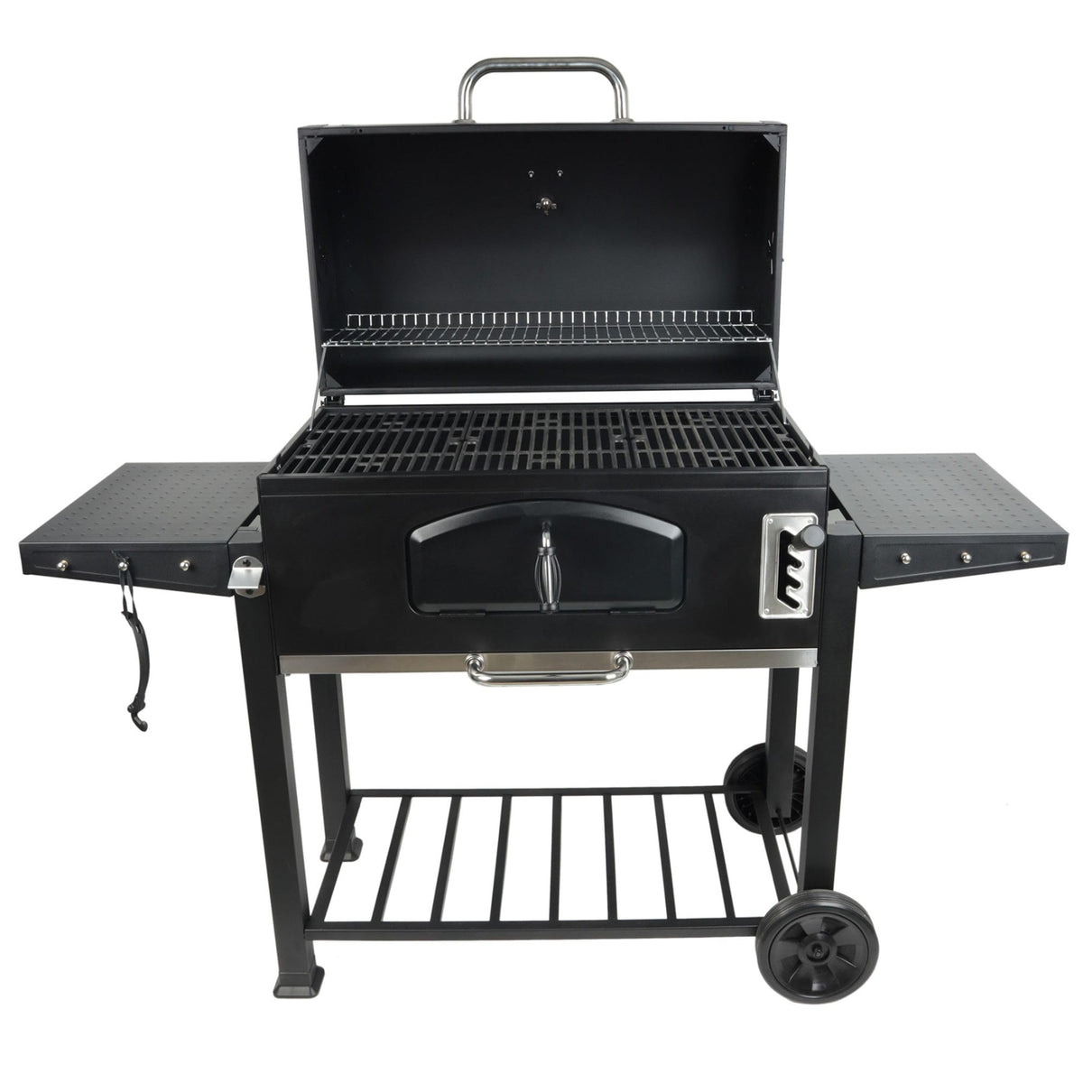 Grill Boss 32 Inch Charcoal BBQ Grill with Side Shelves, Built-In Thermometer, Black