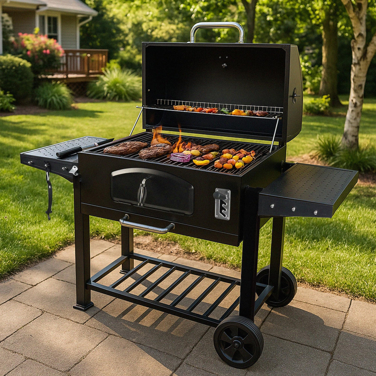 Grill Boss 32 Inch Charcoal BBQ Grill with Side Shelves, Built-In Thermometer, Black