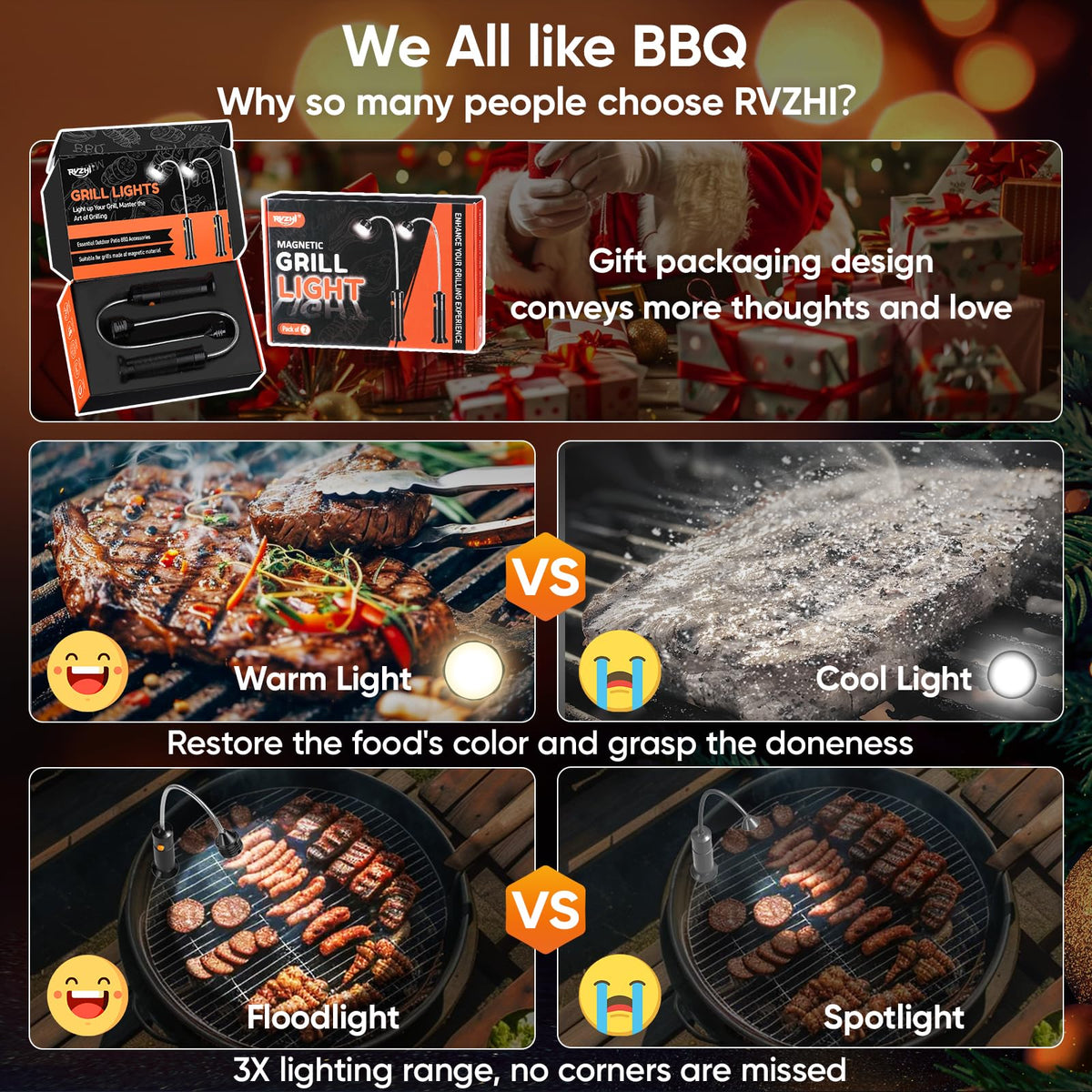 Grill Light BBQ Grilling Accessories: 2025 Unique Dad Gifts for Fathers Day from Wife Daughter - Cool Gifts for Men Husband Grandpa - Outdoor Bright Magnetic LED Light Smoker Accessories Tools 2 Pack