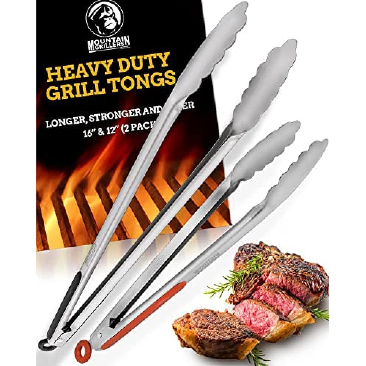 Grill Tongs for Cooking BBQ - 12 & 16" Set of 2 Heavy Duty Grilling Cooking Tongs for Serving Food Rubber Grips Long Locking Stainless Steel kitchen tongs & Barbecue No More Burnt hands Heat Resistant