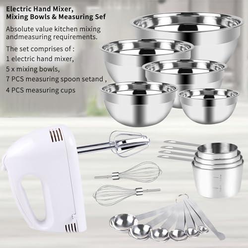 Hand Mixer Electric Mixing Bowls Set, 5 Speeds Handheld Mixer with 5 Nesting Stainless Steel Mixing Bowl, Measuring Cups and Spoons 200 Watt Kitchen Blender Whisk Beater Baking Supplies For Beginner