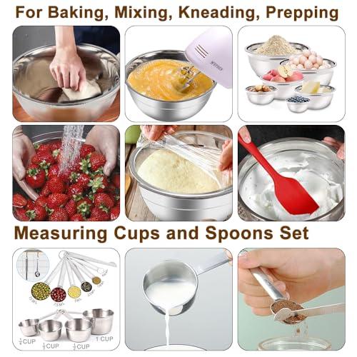 Hand Mixer Electric Mixing Bowls Set, 5 Speeds Handheld Mixer with 5 Nesting Stainless Steel Mixing Bowl, Measuring Cups and Spoons 200 Watt Kitchen Blender Whisk Beater Baking Supplies For Beginner