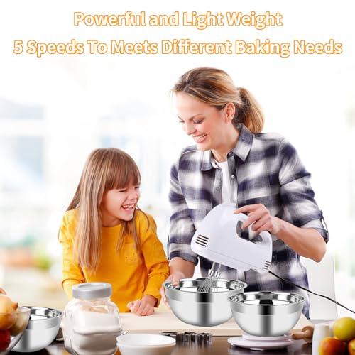 Hand Mixer Electric Mixing Bowls Set, 5 Speeds Handheld Mixer with 5 Nesting Stainless Steel Mixing Bowl, Measuring Cups and Spoons 200 Watt Kitchen Blender Whisk Beater Baking Supplies For Beginner