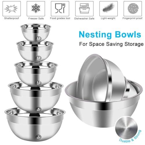 Hand Mixer Electric Mixing Bowls Set, 5 Speeds Handheld Mixer with 5 Nesting Stainless Steel Mixing Bowl, Measuring Cups and Spoons 200 Watt Kitchen Blender Whisk Beater Baking Supplies For Beginner