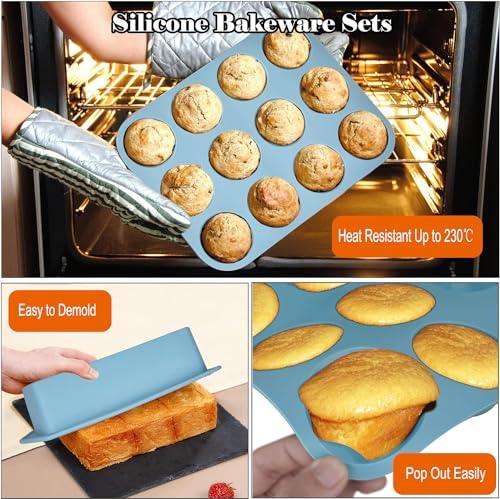 Hansanti 7in1 Silicone Bakeware Baking Set, Kitchen Bake Pans Molds Tray for Oven with BPA Free Round/Square Cake Pan, Loaf Pan, Muffin Pan for Bread Pizza Cheesecake Cupcake Pie Desserts