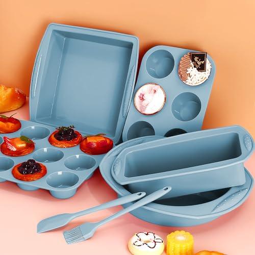 Hansanti 7in1 Silicone Bakeware Baking Set, Kitchen Bake Pans Molds Tray for Oven with BPA Free Round/Square Cake Pan, Loaf Pan, Muffin Pan for Bread Pizza Cheesecake Cupcake Pie Desserts