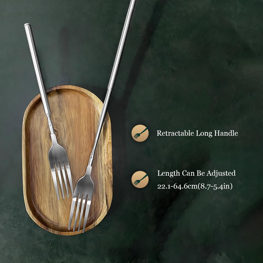 Haosie Extendable Fork, 8.7 to 25.4 Inch Long Handle Fork, Extra Long Fork, Telescopic BBQ Fork, Stainless Steel Dinner Fork, Fruit Dessert Fork Long Handle Cutlery Stainless Steel Tableware（1pcs）
