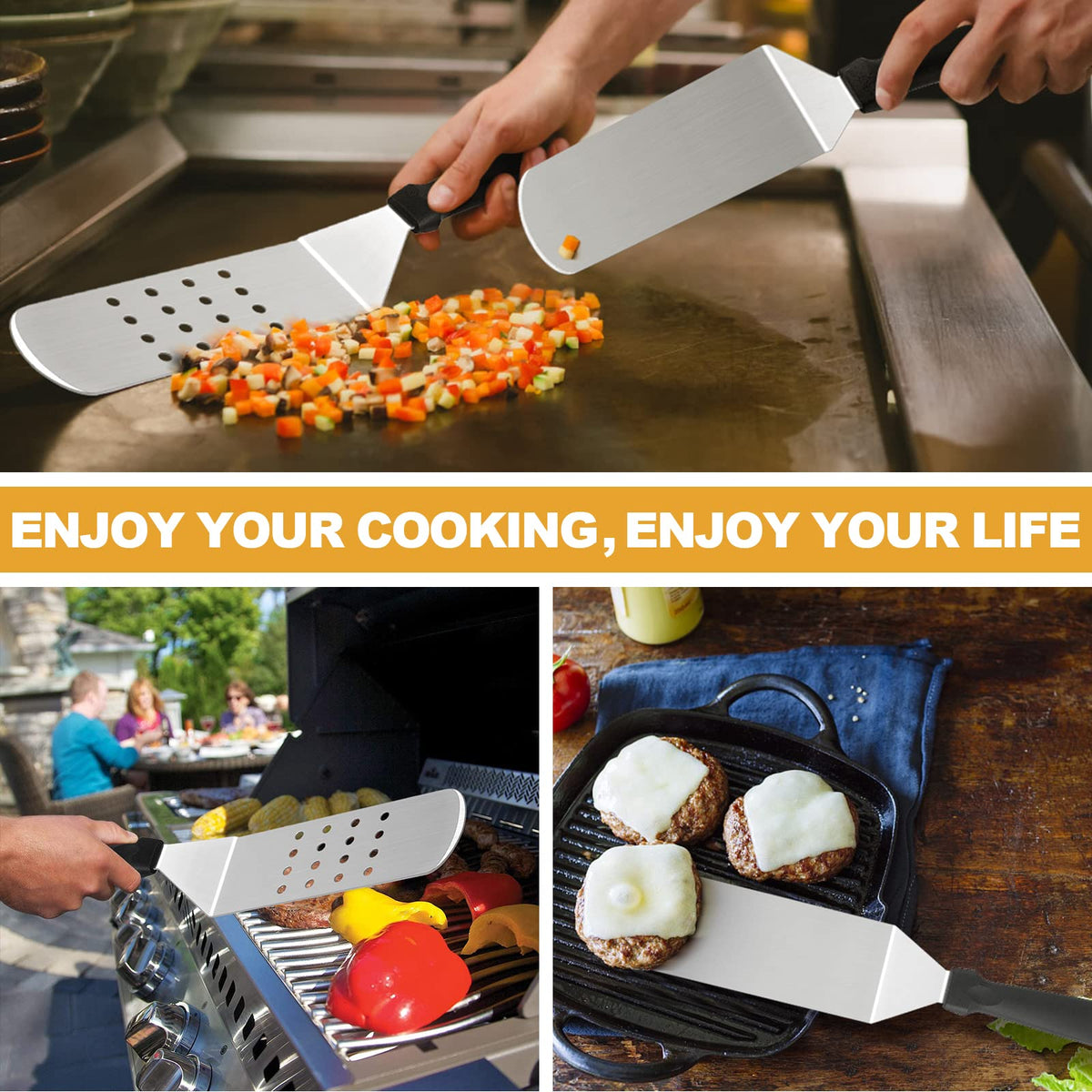 HaSteeL Griddle Accessories Kit of 5, Heavy Duty Metal Spatula, Professional Stainless Steel Flat Top Griddle Tools Set, Pancake Flipper/Griddle Scraper/Hamburger Turner for BBQ Grilling Cast Iron
