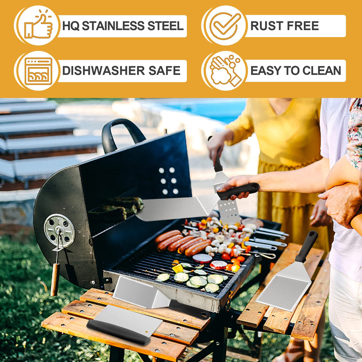 HaSteeL Griddle Accessories Kit of 5, Heavy Duty Metal Spatula, Professional Stainless Steel Flat Top Griddle Tools Set, Pancake Flipper/Griddle Scraper/Hamburger Turner for BBQ Grilling Cast Iron