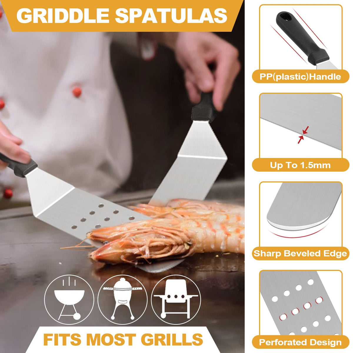 HaSteeL Griddle Accessories Kit of 5, Heavy Duty Metal Spatula, Professional Stainless Steel Flat Top Griddle Tools Set, Pancake Flipper/Griddle Scraper/Hamburger Turner for BBQ Grilling Cast Iron