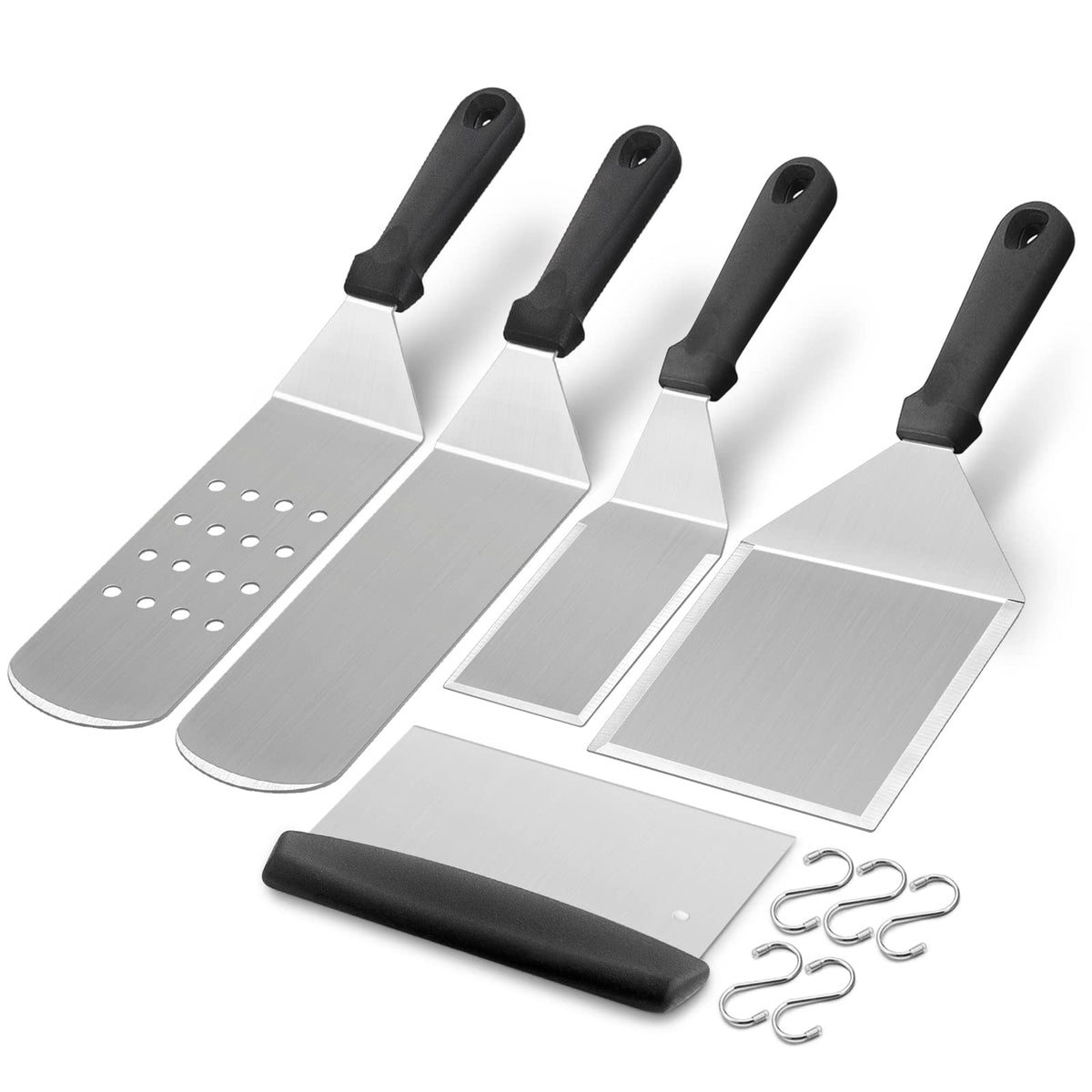 HaSteeL Griddle Accessories Kit of 5, Heavy Duty Metal Spatula, Professional Stainless Steel Flat Top Griddle Tools Set, Pancake Flipper/Griddle Scraper/Hamburger Turner for BBQ Grilling Cast Iron