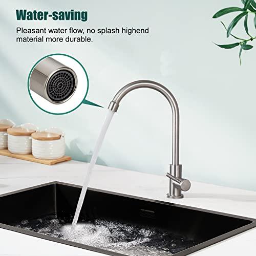 Heyalan Brushed Nickel Kitchen Faucet Cold Water Only 1 Hole Single Handle 360 Degree Swivel Spout Deck Mount High Arc SUS304 Sink Bar Tap Goose Neck with Hose and Longer Thread Pipe