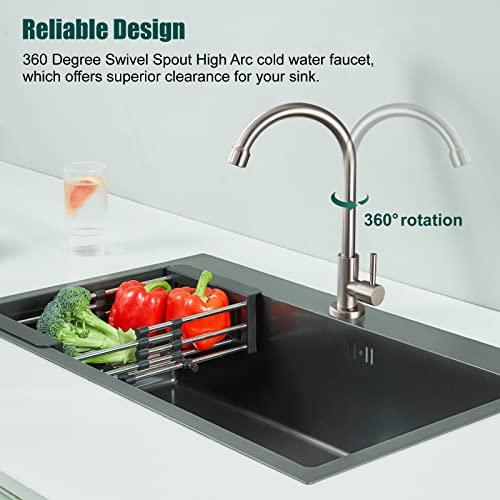 Heyalan Brushed Nickel Kitchen Faucet Cold Water Only 1 Hole Single Handle 360 Degree Swivel Spout Deck Mount High Arc SUS304 Sink Bar Tap Goose Neck with Hose and Longer Thread Pipe