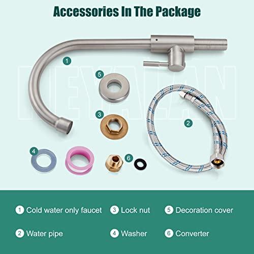 Heyalan Brushed Nickel Kitchen Faucet Cold Water Only 1 Hole Single Handle 360 Degree Swivel Spout Deck Mount High Arc SUS304 Sink Bar Tap Goose Neck with Hose and Longer Thread Pipe