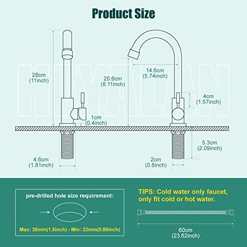 Heyalan Brushed Nickel Kitchen Faucet Cold Water Only 1 Hole Single Handle 360 Degree Swivel Spout Deck Mount High Arc SUS304 Sink Bar Tap Goose Neck with Hose and Longer Thread Pipe