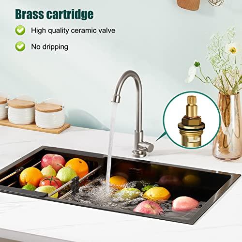 Heyalan Brushed Nickel Kitchen Faucet Cold Water Only 1 Hole Single Handle 360 Degree Swivel Spout Deck Mount High Arc SUS304 Sink Bar Tap Goose Neck with Hose and Longer Thread Pipe