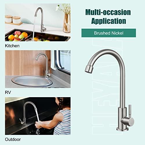 Heyalan Brushed Nickel Kitchen Faucet Cold Water Only 1 Hole Single Handle 360 Degree Swivel Spout Deck Mount High Arc SUS304 Sink Bar Tap Goose Neck with Hose and Longer Thread Pipe