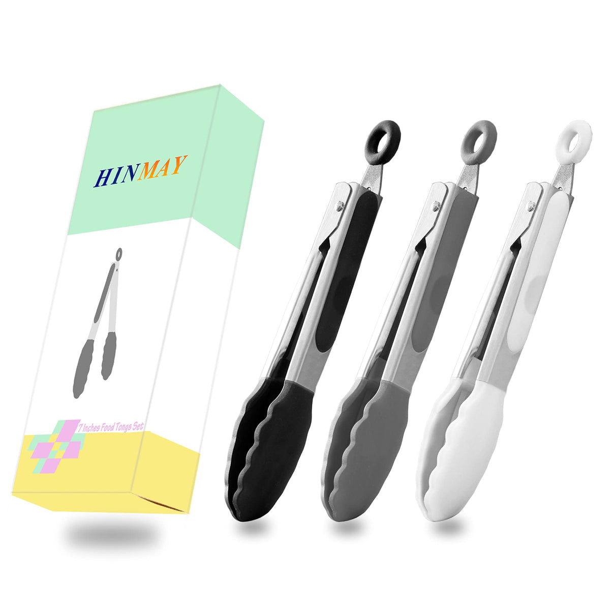 HINMAY Small Silicone Tongs 7-Inch Mini Serving Tongs, Set of 3 (Black Gray White)