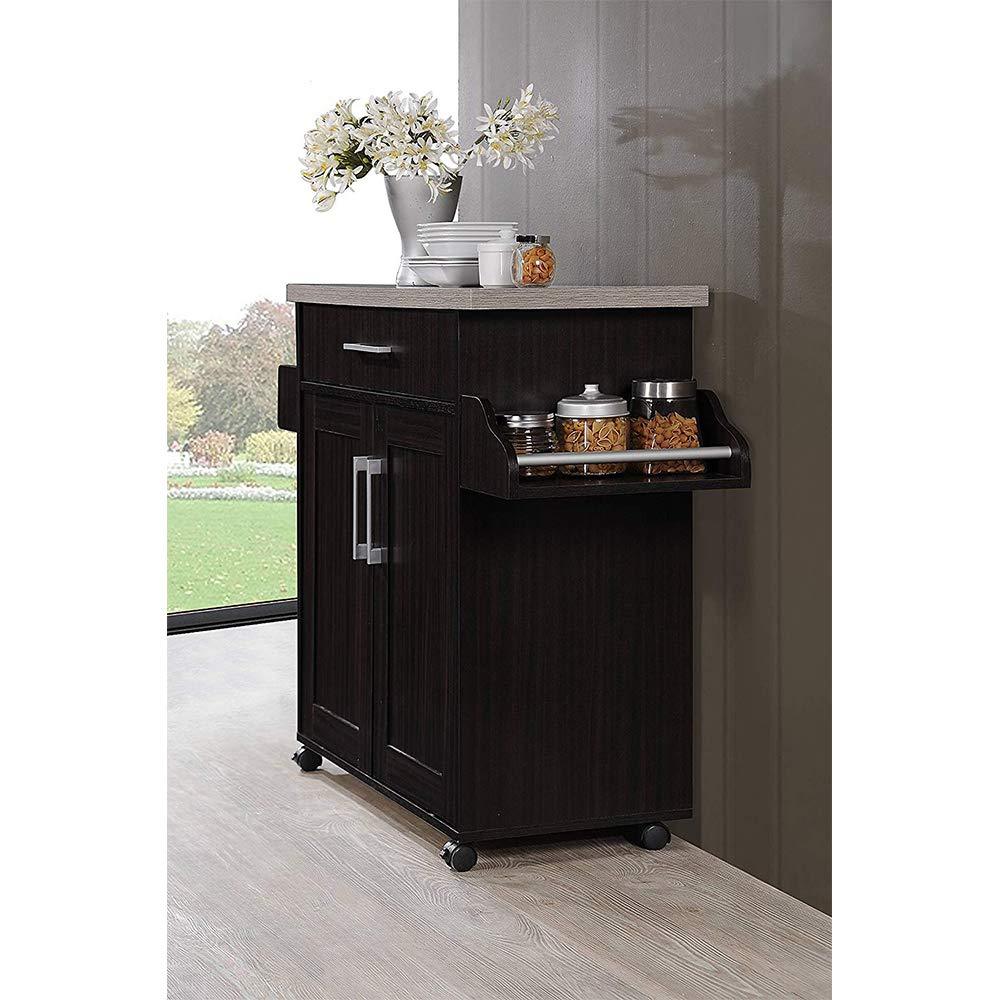 Hodedah Kitchen Island with Spice Rack, Towel Rack & Drawer, Chocolate with Grey Top