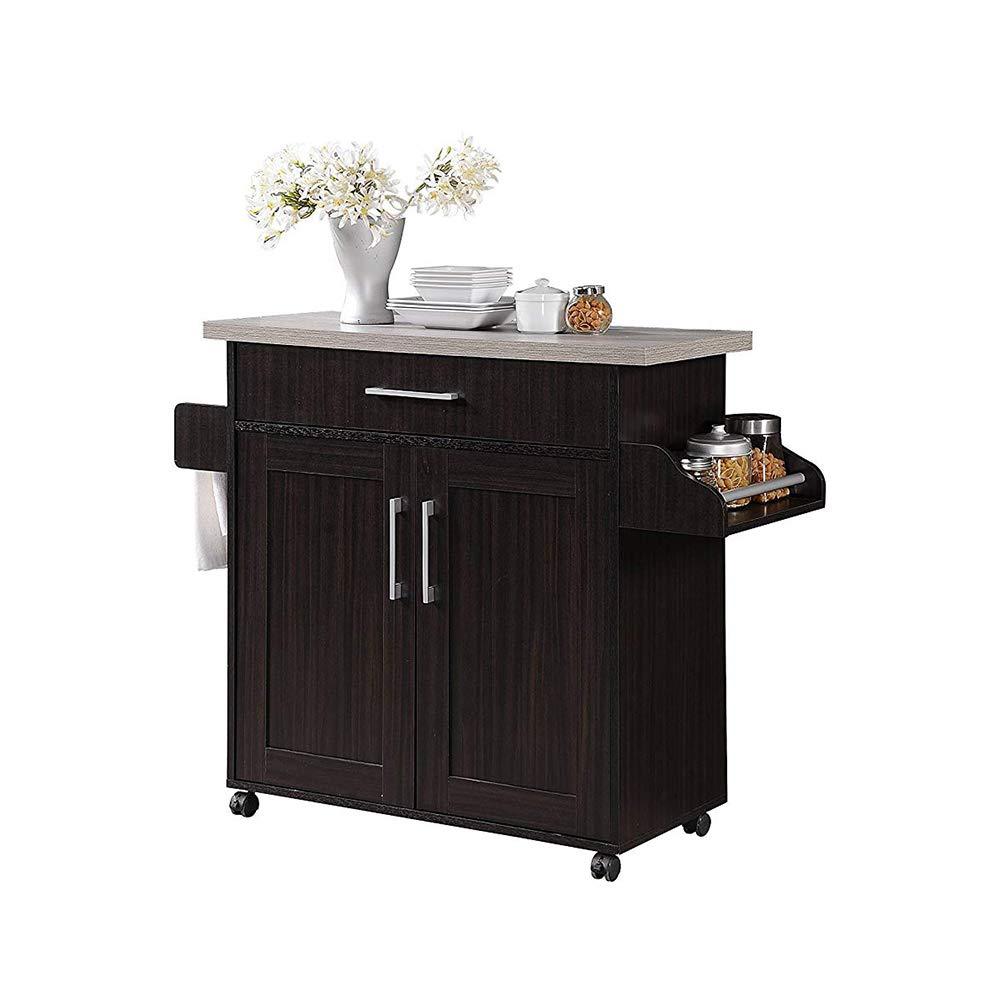 Hodedah Kitchen Island with Spice Rack, Towel Rack & Drawer, Chocolate with Grey Top