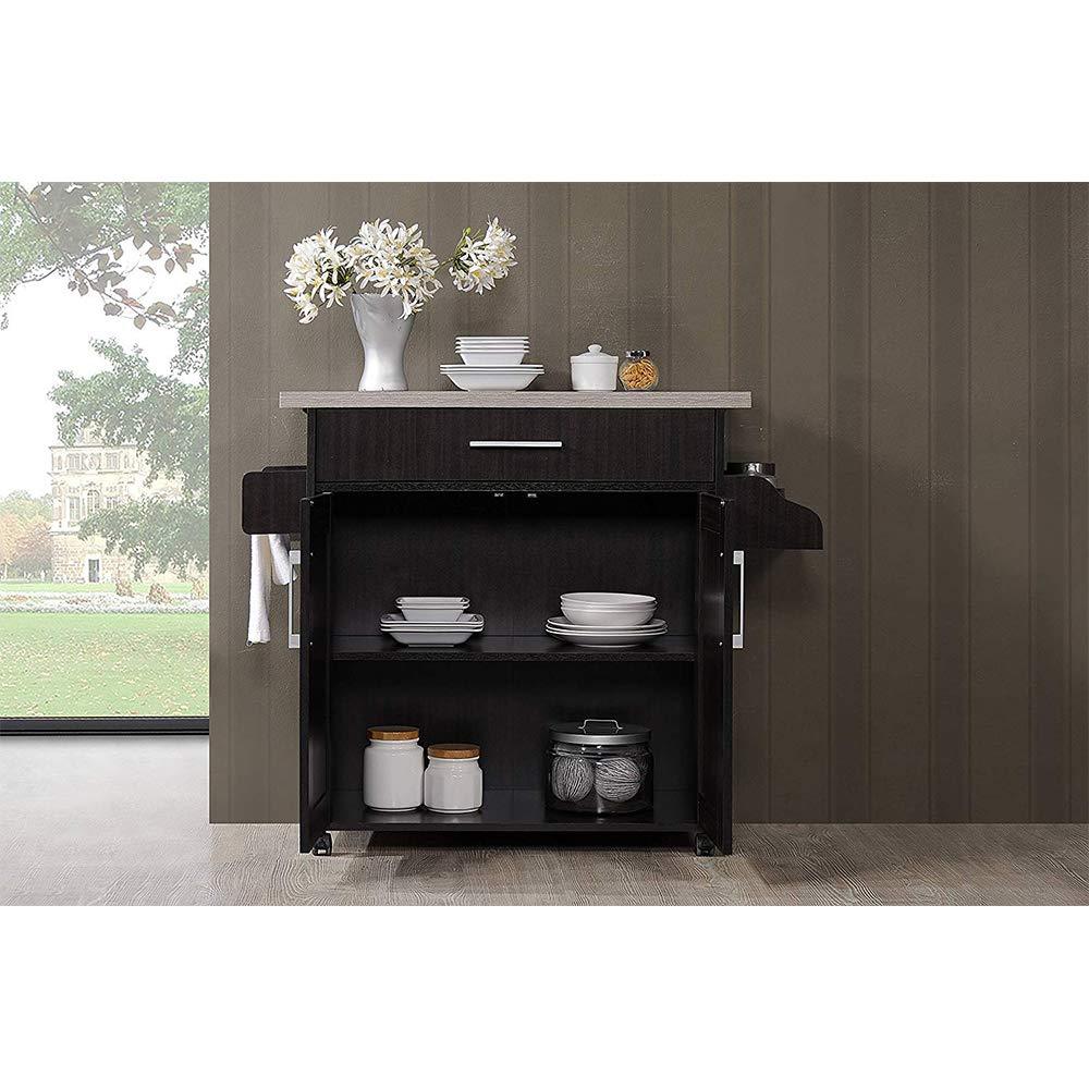 Hodedah Kitchen Island with Spice Rack, Towel Rack & Drawer, Chocolate with Grey Top