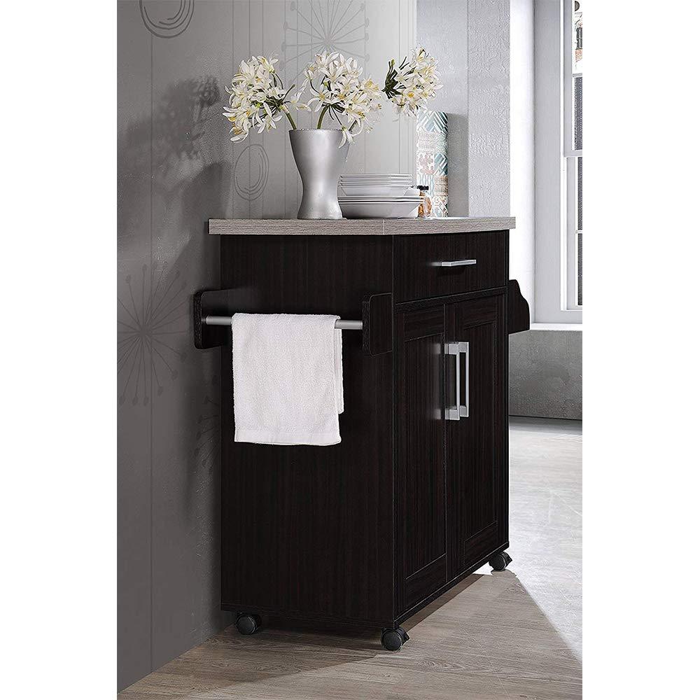 Hodedah Kitchen Island with Spice Rack, Towel Rack & Drawer, Chocolate with Grey Top