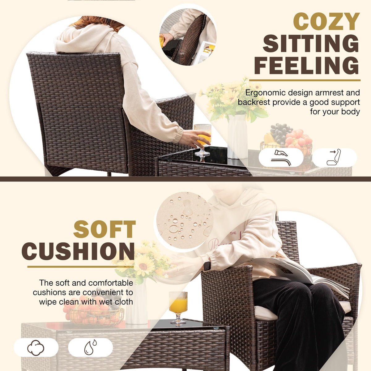 Homall 4 Pieces Outdoor Patio Furniture Sets Rattan Chair Wicker Set, Outdoor Indoor Use Backyard Porch Garden Poolside Balcony Furniture Sets Clearance (Brown and Beige)