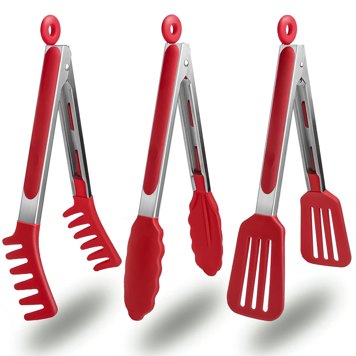 HST 3 Pack Kitchen Tongs, Non Stick Stainless Steel 9 Inch Tongs With Silicone Tip for Cooking BBQ Baking(Red)