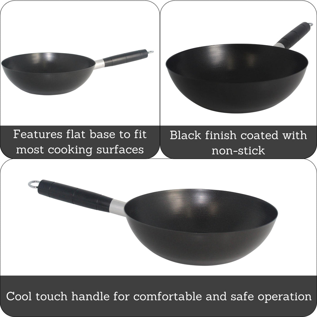 IMUSA USA 9.5" Traditional Carbon Steel Nonstick Coated Wok with Bakelite Handle