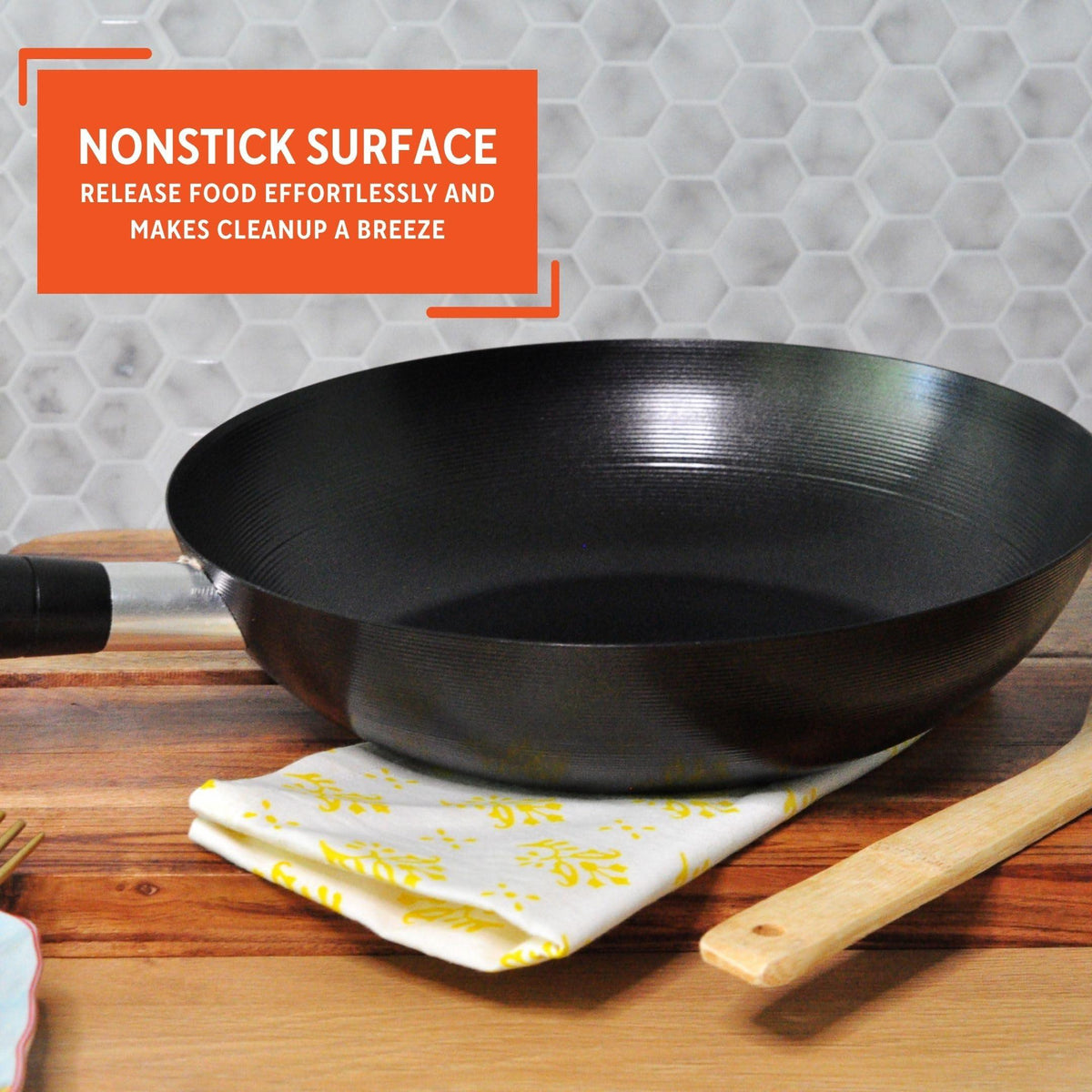 IMUSA USA 9.5" Traditional Carbon Steel Nonstick Coated Wok with Bakelite Handle