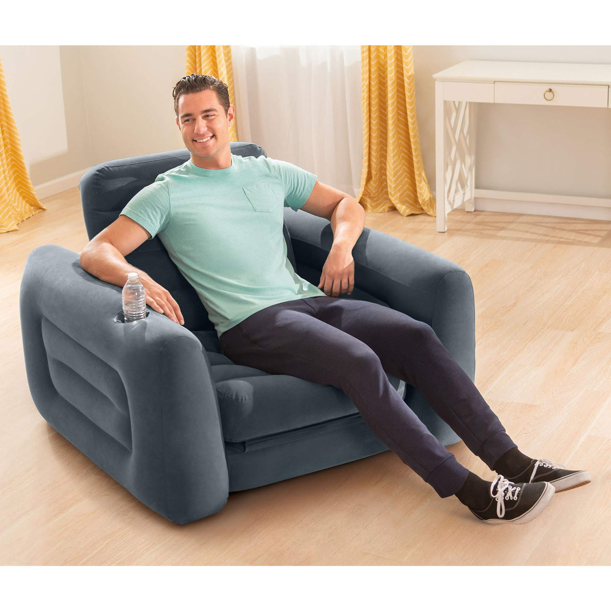 Intex 66551EP Inflatable Pull-Out Chair: Built-in Cupholder – Velvety Surface – 2-in-1 Valve – Folds Compactly – 80" x 91" x 26"