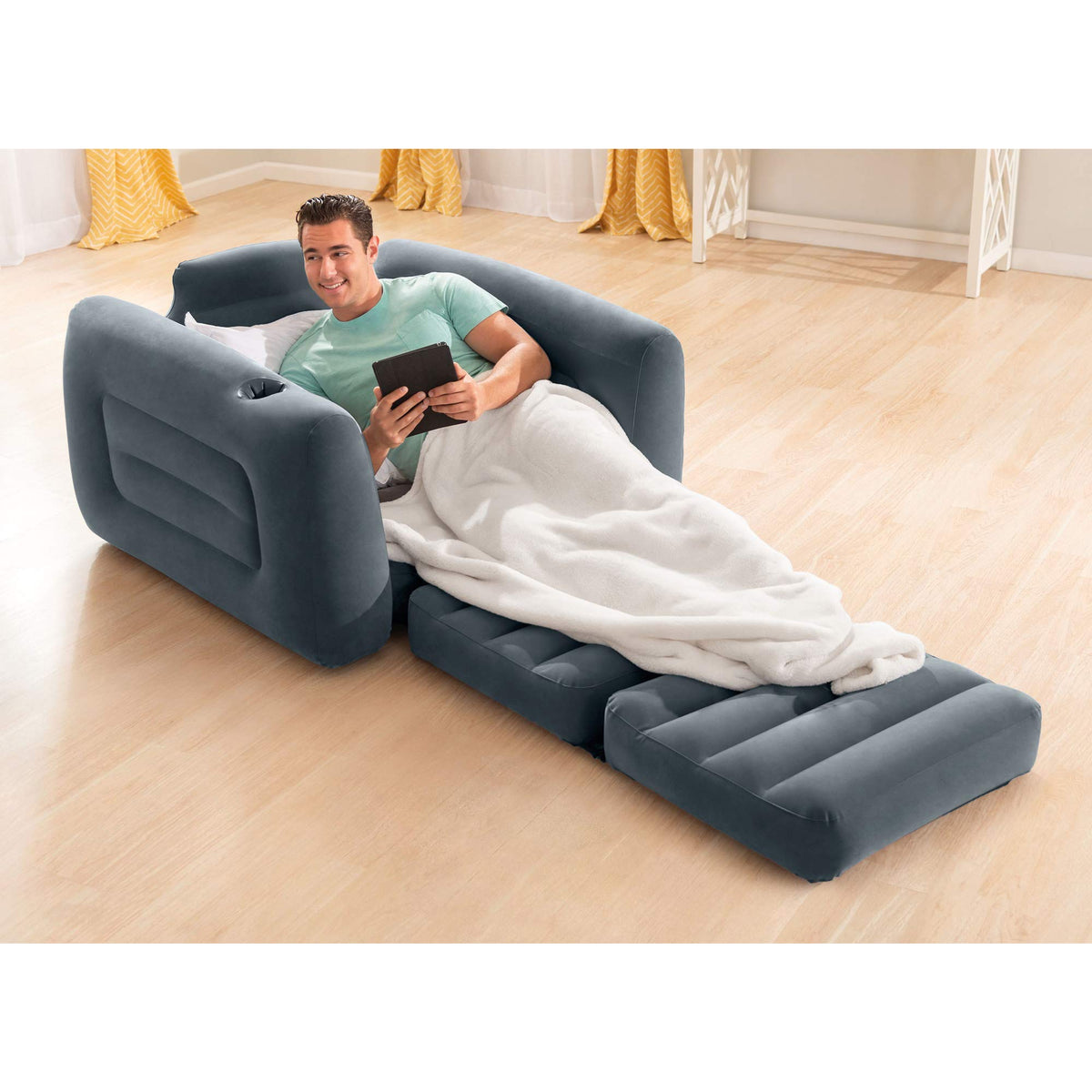 Intex 66551EP Inflatable Pull-Out Chair: Built-in Cupholder – Velvety Surface – 2-in-1 Valve – Folds Compactly – 80" x 91" x 26"