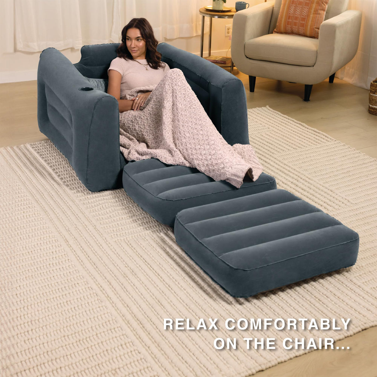Intex 66551EP Inflatable Pull-Out Chair: Built-in Cupholder – Velvety Surface – 2-in-1 Valve – Folds Compactly – 80" x 91" x 26"