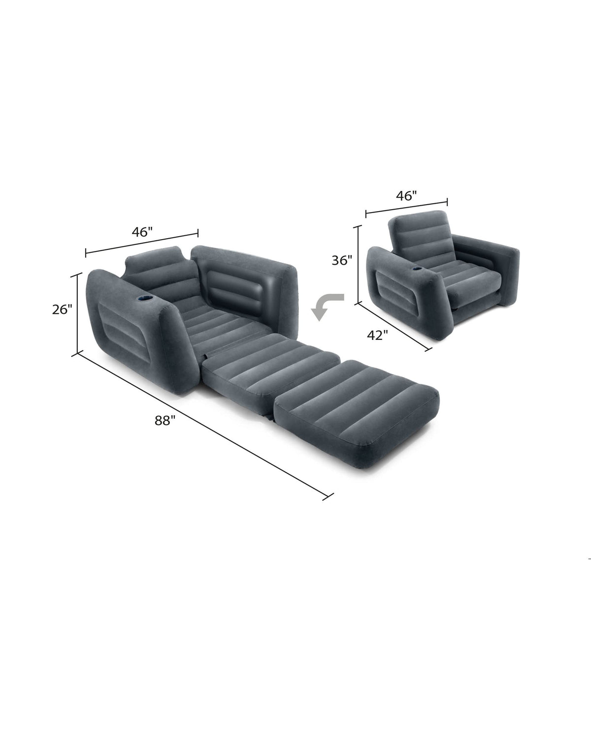 Intex 66551EP Inflatable Pull-Out Chair: Built-in Cupholder – Velvety Surface – 2-in-1 Valve – Folds Compactly – 80" x 91" x 26"