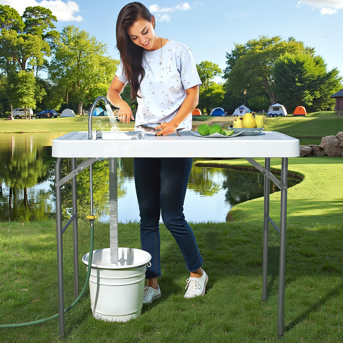 IWDOO 42.5" Fish Cleaning Table with Sink, Folding Camping Table & Fish Cleaning Station with Measure Mark, Camping Sink with Hose Hookup for Outdoor Picnic, Beach, Dock & Patio Use