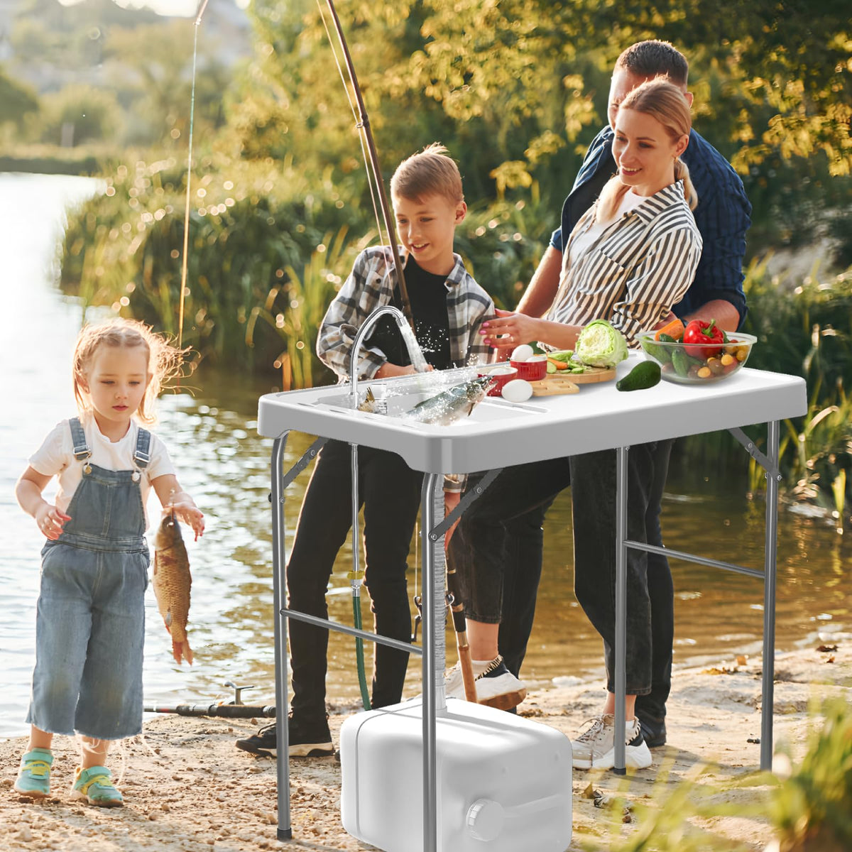 IWDOO 42.5" Fish Cleaning Table with Sink, Folding Camping Table & Fish Cleaning Station with Measure Mark, Camping Sink with Hose Hookup for Outdoor Picnic, Beach, Dock & Patio Use