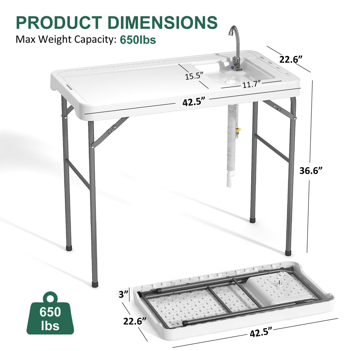 IWDOO 42.5" Fish Cleaning Table with Sink, Folding Camping Table & Fish Cleaning Station with Measure Mark, Camping Sink with Hose Hookup for Outdoor Picnic, Beach, Dock & Patio Use