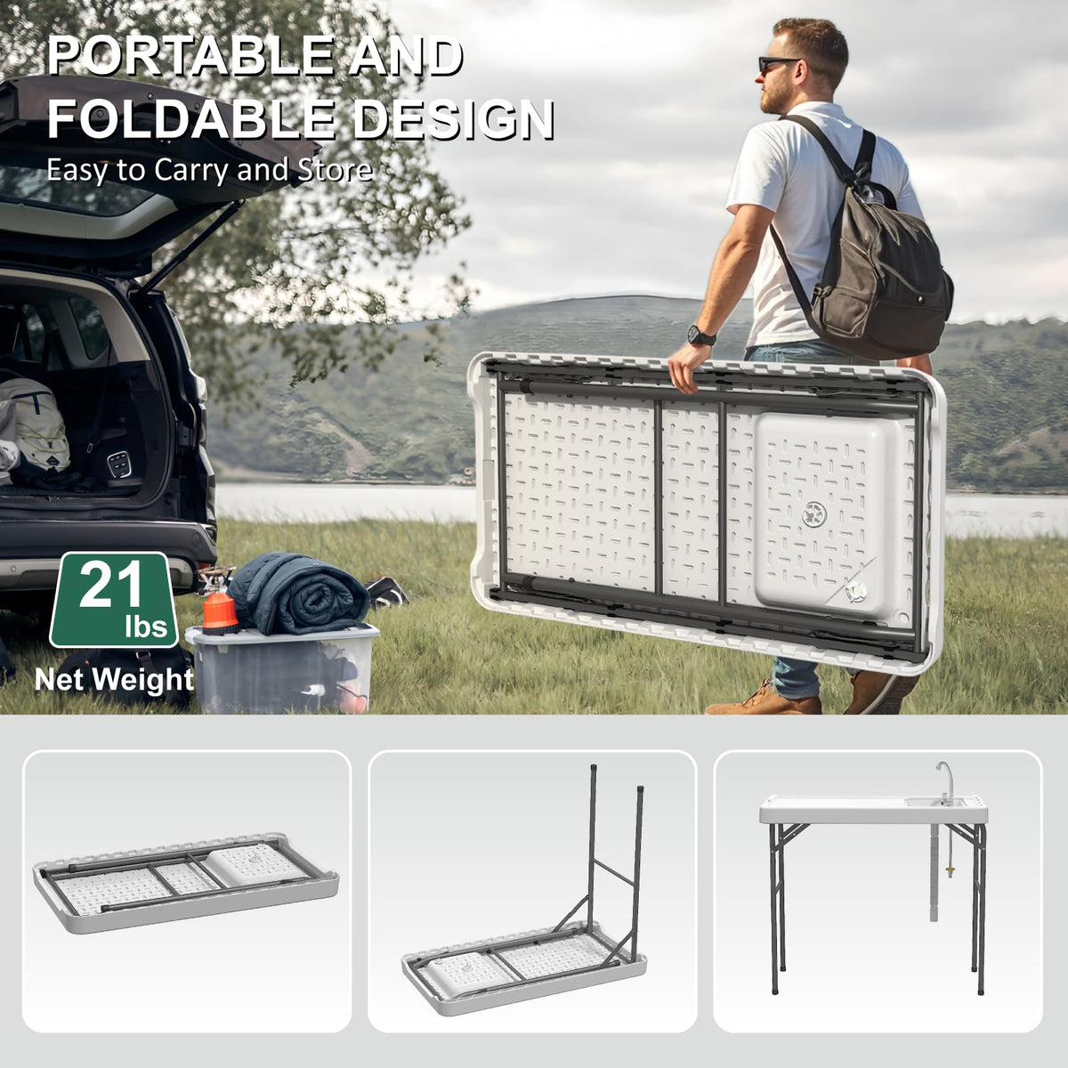 IWDOO 42.5" Fish Cleaning Table with Sink, Folding Camping Table & Fish Cleaning Station with Measure Mark, Camping Sink with Hose Hookup for Outdoor Picnic, Beach, Dock & Patio Use