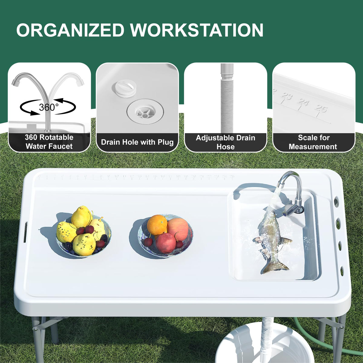 IWDOO 42.5" Fish Cleaning Table with Sink, Folding Camping Table & Fish Cleaning Station with Measure Mark, Camping Sink with Hose Hookup for Outdoor Picnic, Beach, Dock & Patio Use