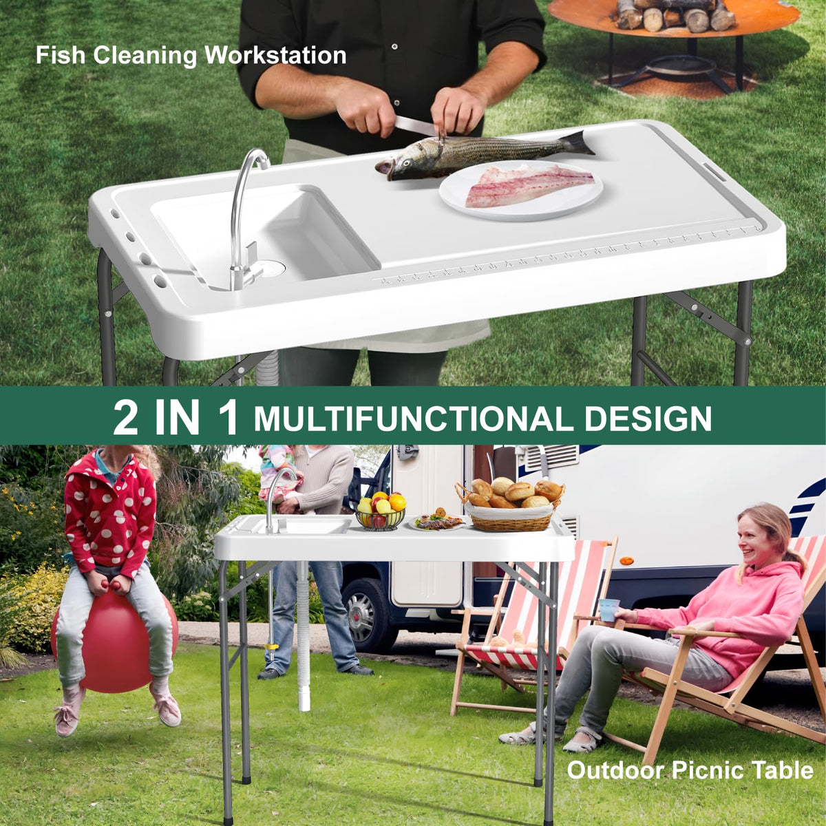 IWDOO 42.5" Fish Cleaning Table with Sink, Folding Camping Table & Fish Cleaning Station with Measure Mark, Camping Sink with Hose Hookup for Outdoor Picnic, Beach, Dock & Patio Use
